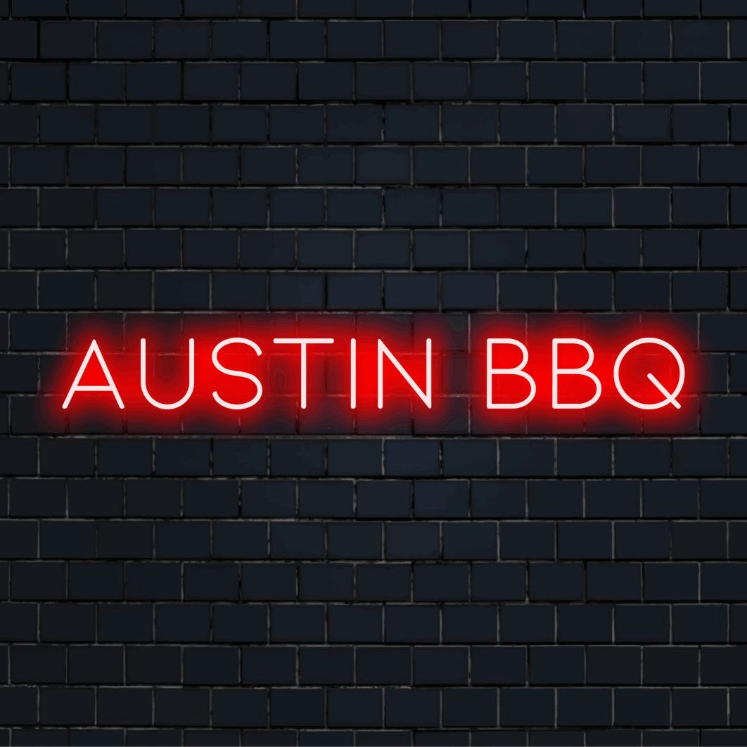 Austin Bbq Neon Sign, glowing lettering on dark brick background