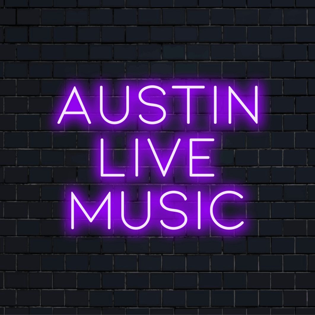 Austin Live Music Neon Sign, bright LED glow on black brick background