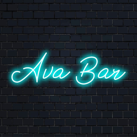 Ava Bar Personalized Neon Light with soft neon glow against brick backdrop