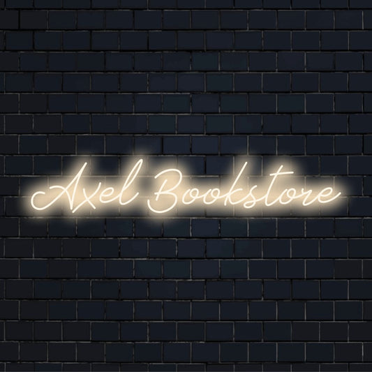 Axel Bookstore Personalized Neon Light with bright neon lettering on dark brick wall