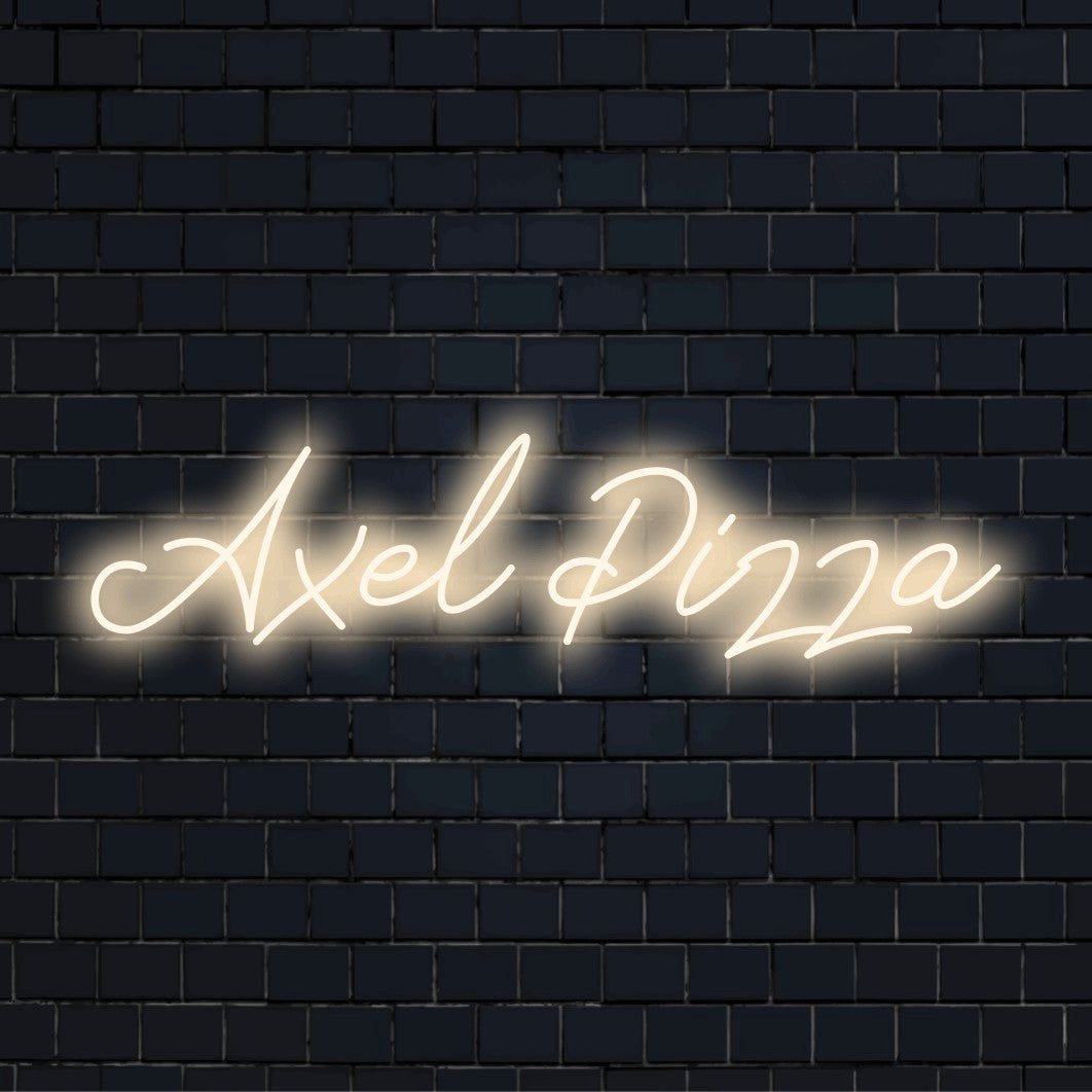 Axel Pizza Custom Name Neon Sign, glowing neon text against brick backdrop