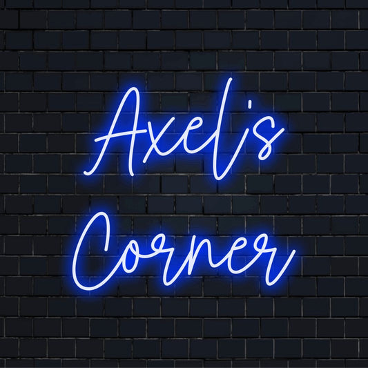 Axel_s Corner Personalized Neon Light with soft neon glow against black brick wall