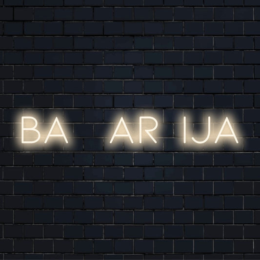 Ba Ar Ija Neon Sign, soft neon glow on dark brick background