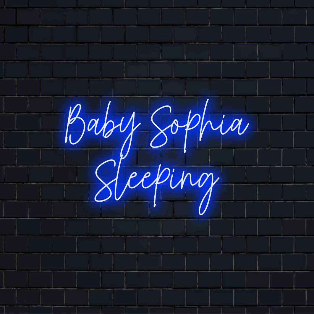 Baby Sophia Sleeping Custom Name Neon Sign, soft neon glow on dark brick background