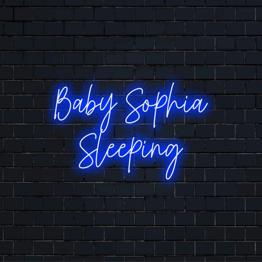 Baby Sophia Sleeping Custom Name Neon Sign, soft neon glow on dark brick background