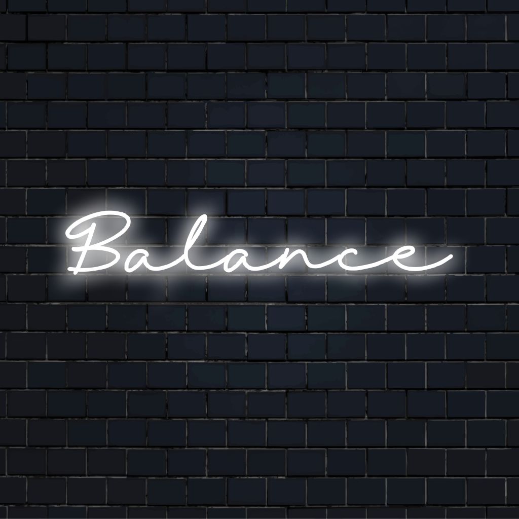 Balance Neon Sign, bright neon glow on dark brick background