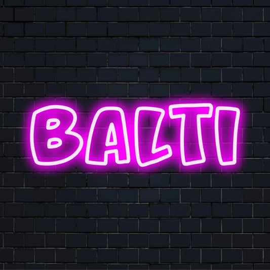 Balti LED Neon Sign, glowing lettering on dark brick background