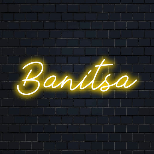 Banitsa LED Neon Sign, bright neon glow against black brick wall