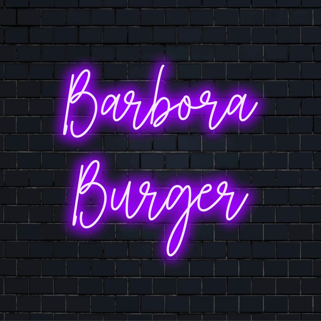 Barbora Burger Custom Name Neon Sign, bright LED glow against black brick wall