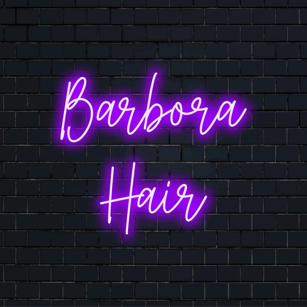 Barbora Hair Custom Name Neon Sign, bright neon glow on black brick background