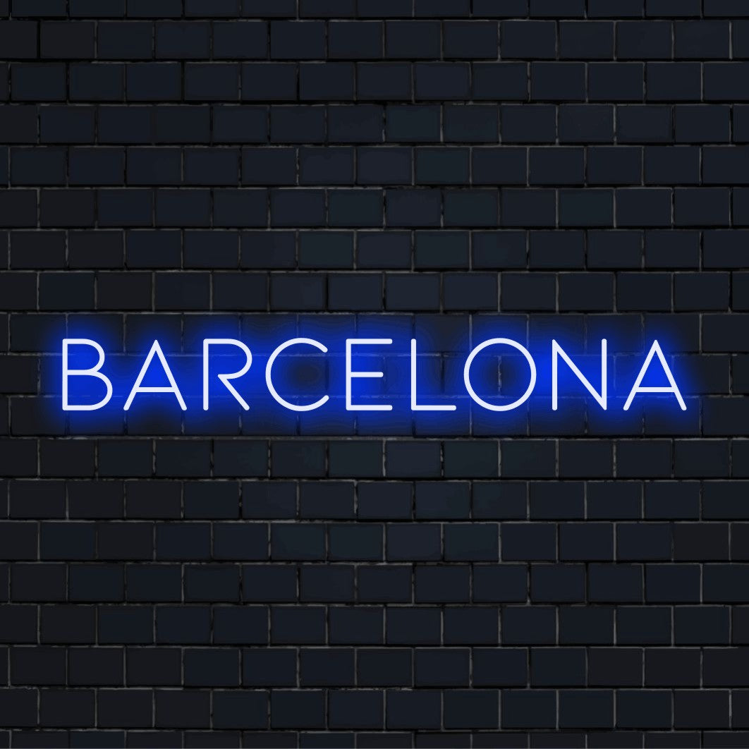 Barcelona LED Neon Sign, bright LED glow on dark brick wall