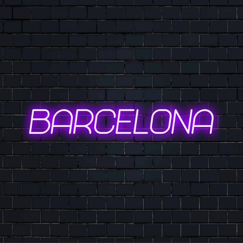 Barcelona LED Neon Sign, glowing lettering against brick backdrop