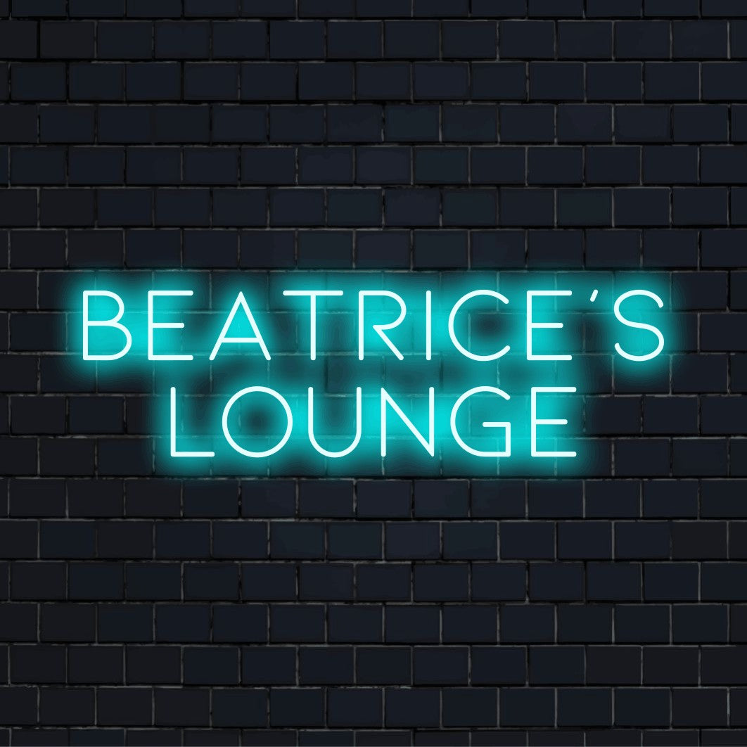 Beatrice_s Lounge Personalized LED Neon Sign, bright neon glow on black brick background