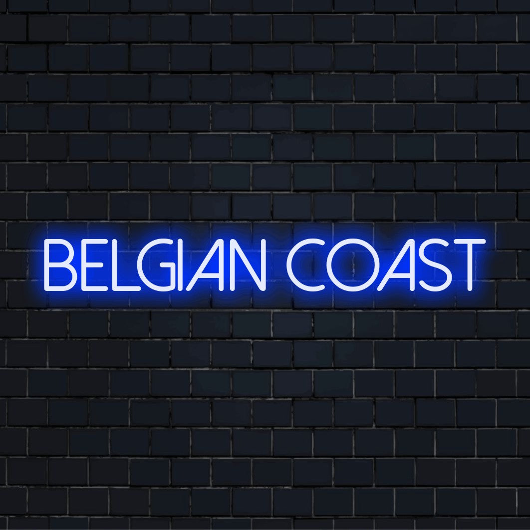 Belgian Coast Neon Light with soft neon glow against black brick wall