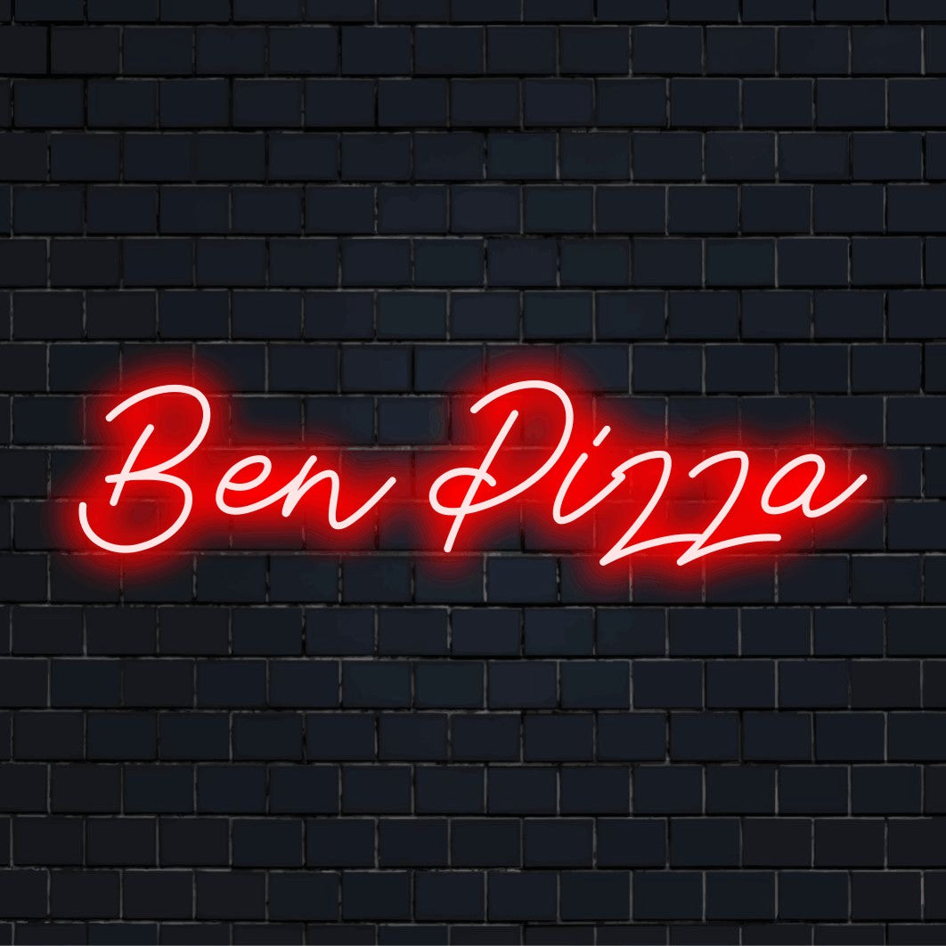 Ben Pizza Personalized LED Neon Sign, glowing neon text on black brick background