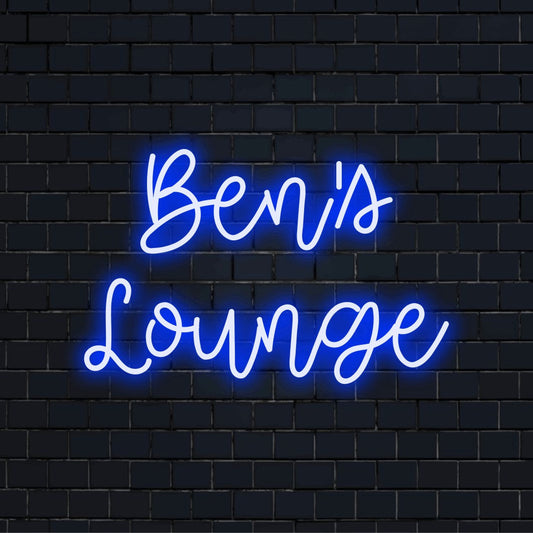 Ben_s Lounge Custom Name Neon Sign, bright LED glow on black brick background