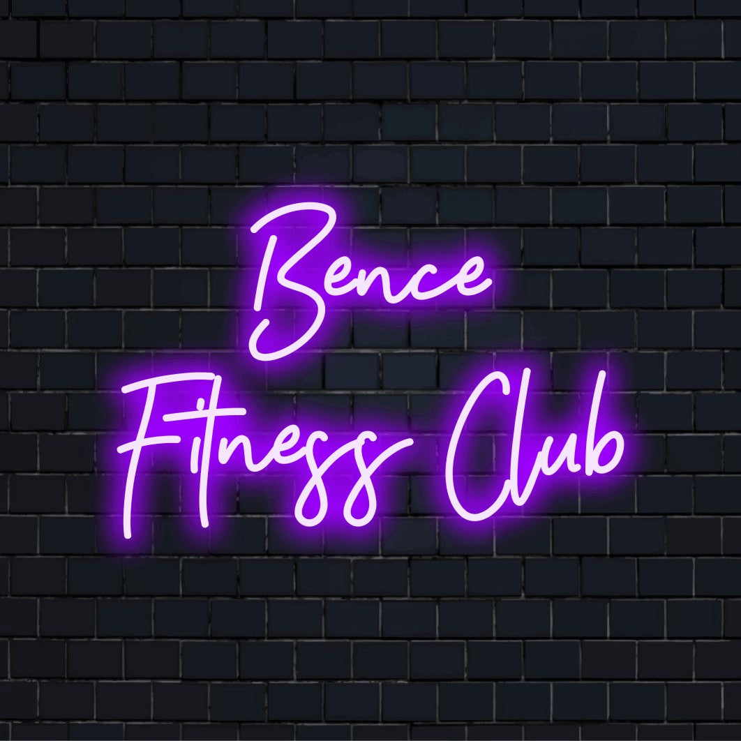 Bence Fitness Club Custom Name Neon Sign, bright neon glow against black brick wall