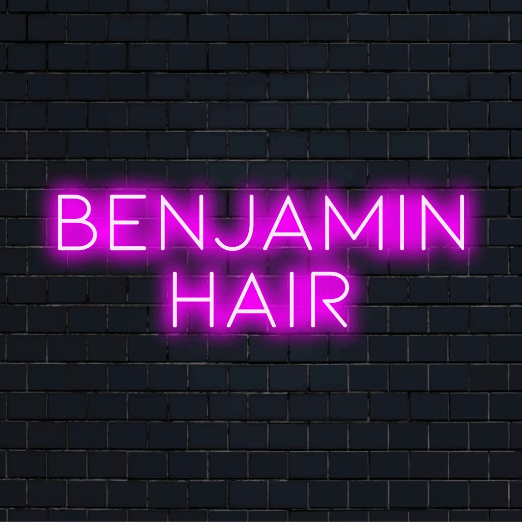 Benjamin Hair Custom Name Neon Sign, glowing wall decor on dark brick wall