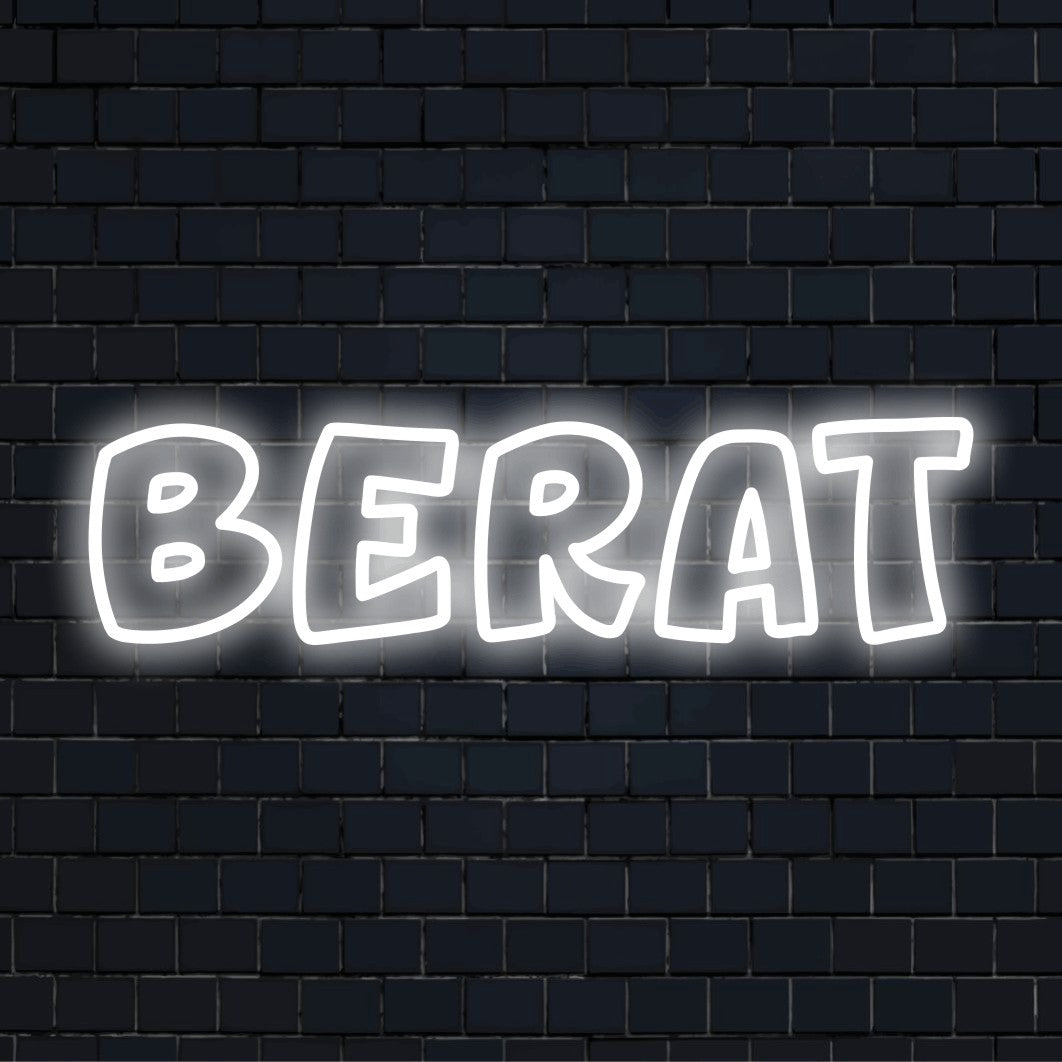 Berat Neon Light with bright LED glow on black brick background