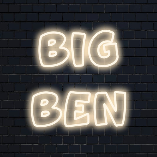 Big Ben Neon Light with neon text light against black brick wall