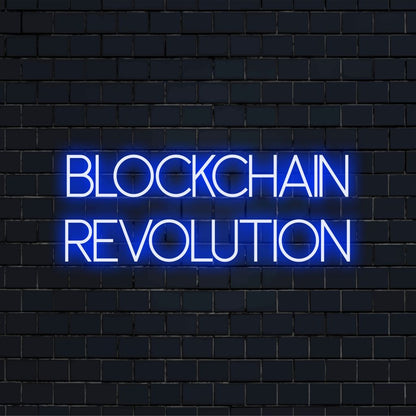 Blockchain Revolution Neon Sign, bright neon glow against brick backdrop