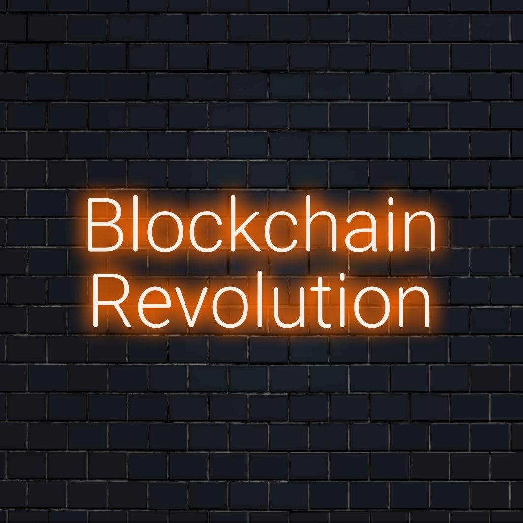 Blockchain Revolution Neon Sign, glowing lettering against brick backdrop