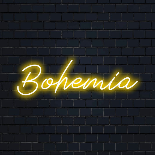 Bohemia Neon Sign, glowing lettering on black brick background