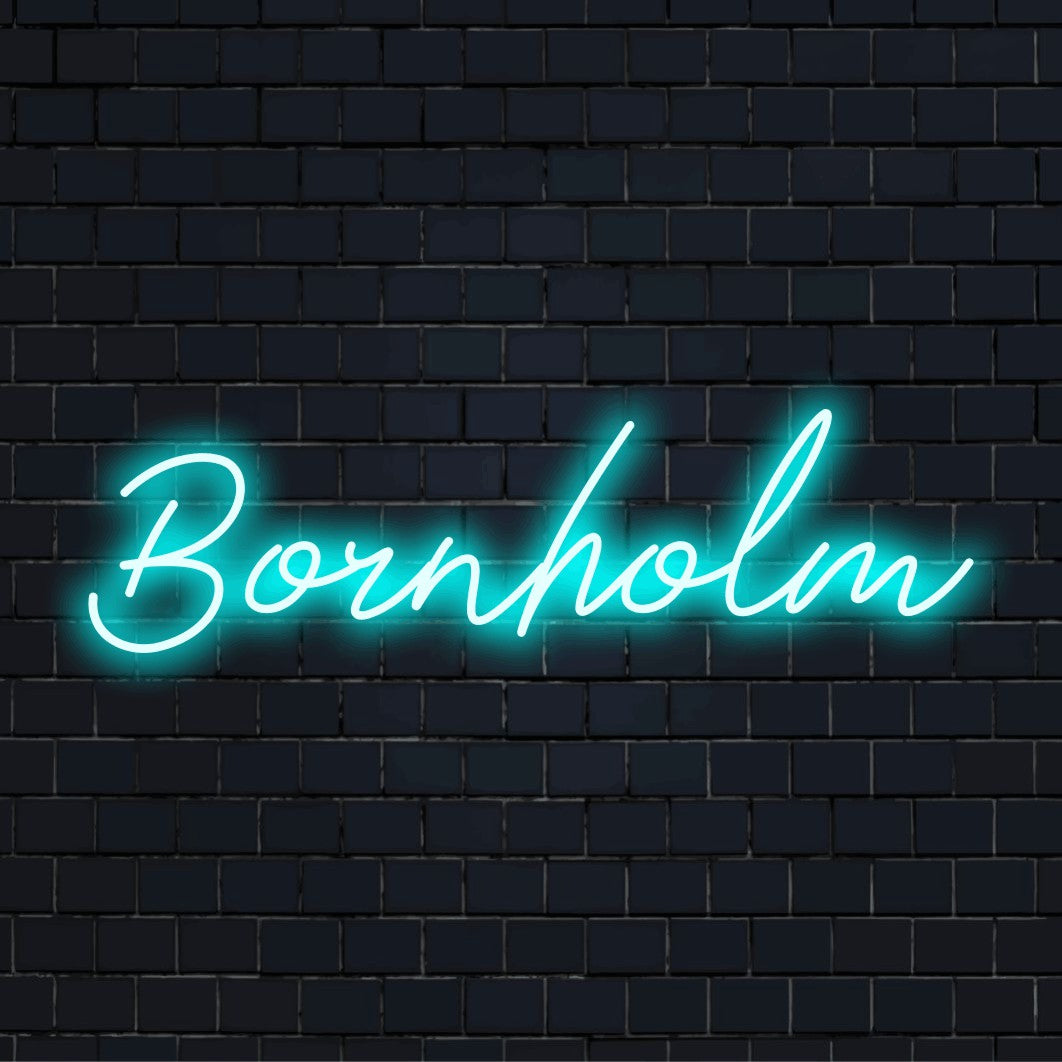 Bornholm LED Neon Sign, glowing lettering on dark brick wall
