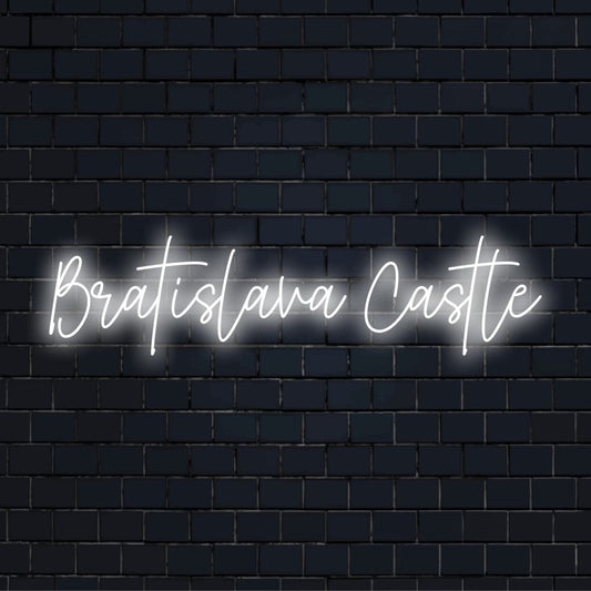 Bratislava Castle LED Neon Sign, bright LED glow on dark brick wall
