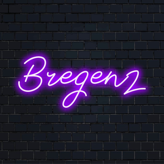 Bregenz LED Neon Sign, neon text light against brick backdrop