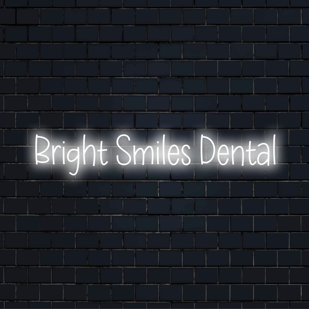 Bright Smiles Dental LED Neon Sign, bright LED glow on dark brick background