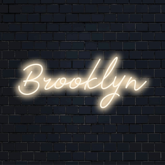 Brooklyn Neon Sign, neon text light on black brick background