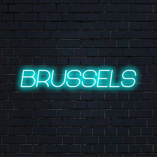 Brussels LED Neon Sign, glowing wall decor on dark brick wall
