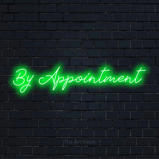 "By Appointment" text design with neon effect on a black brick wall