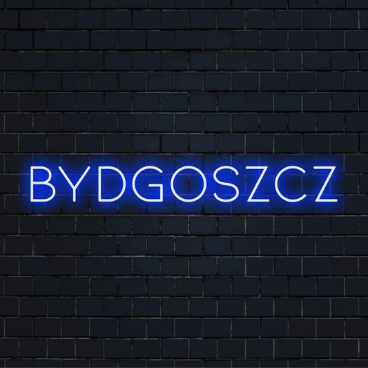 Bydgoszcz LED Neon Sign, neon text light against black brick wall
