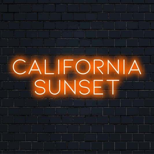 California Sunset Neon Light with bright neon glow on dark brick background