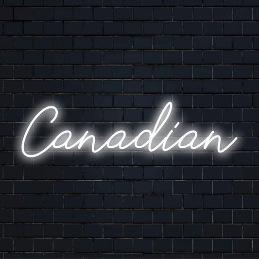 Canadian Neon Sign, bright neon glow against black brick wall