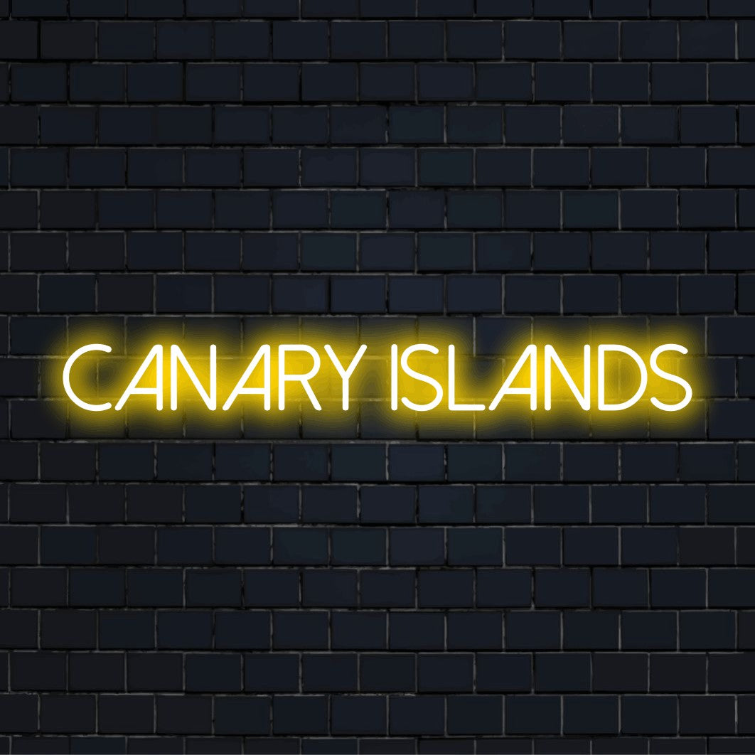 Canary Islands Neon Sign, bright neon lettering on dark brick background