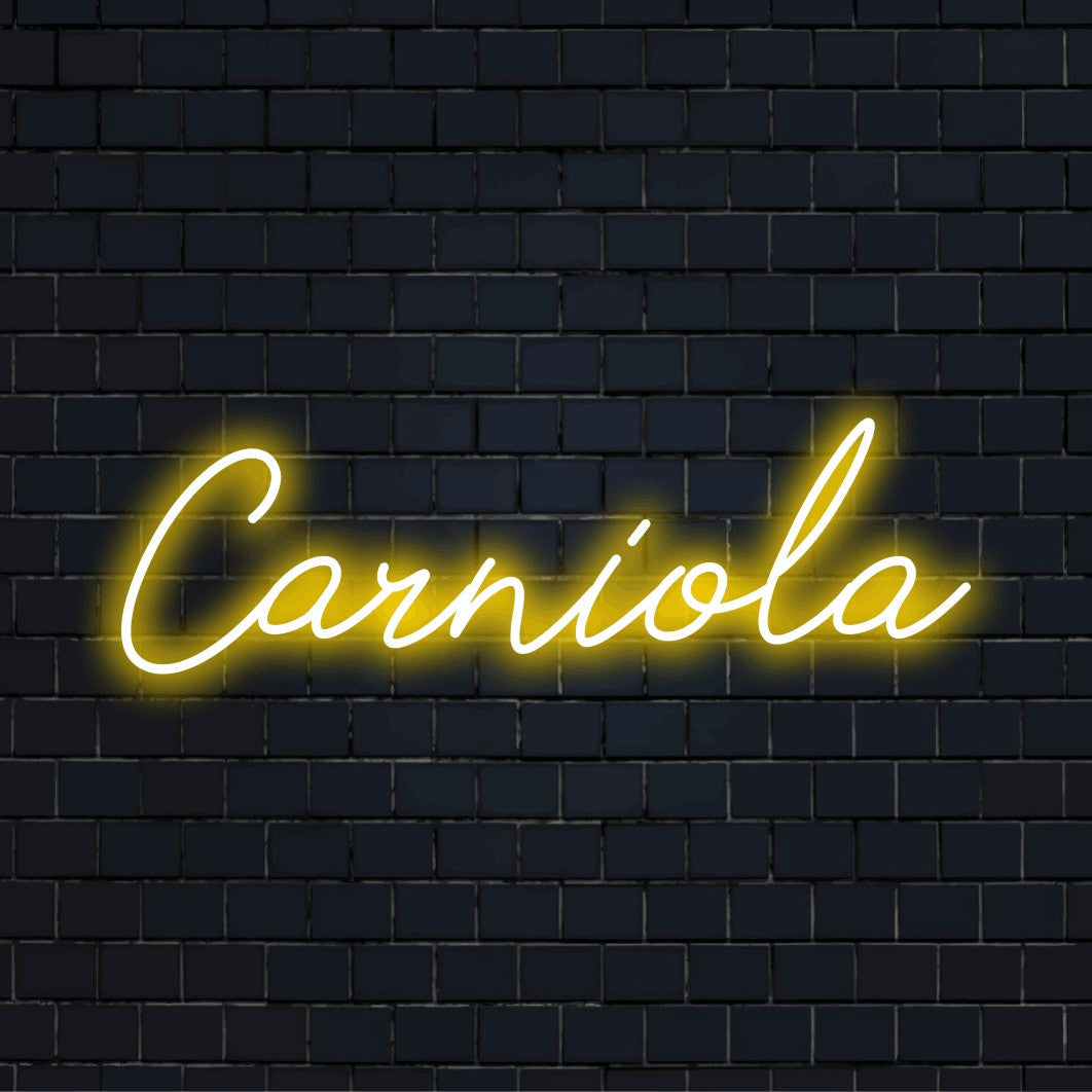 Carniola LED Neon Sign, glowing wall decor against brick backdrop