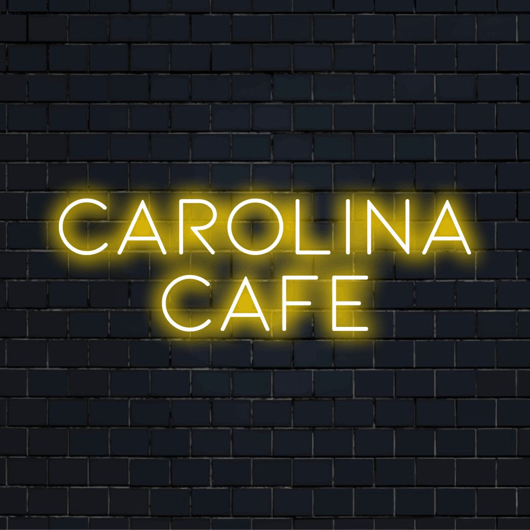 Carolina Cafe Custom Name Neon Sign, soft neon glow against brick backdrop