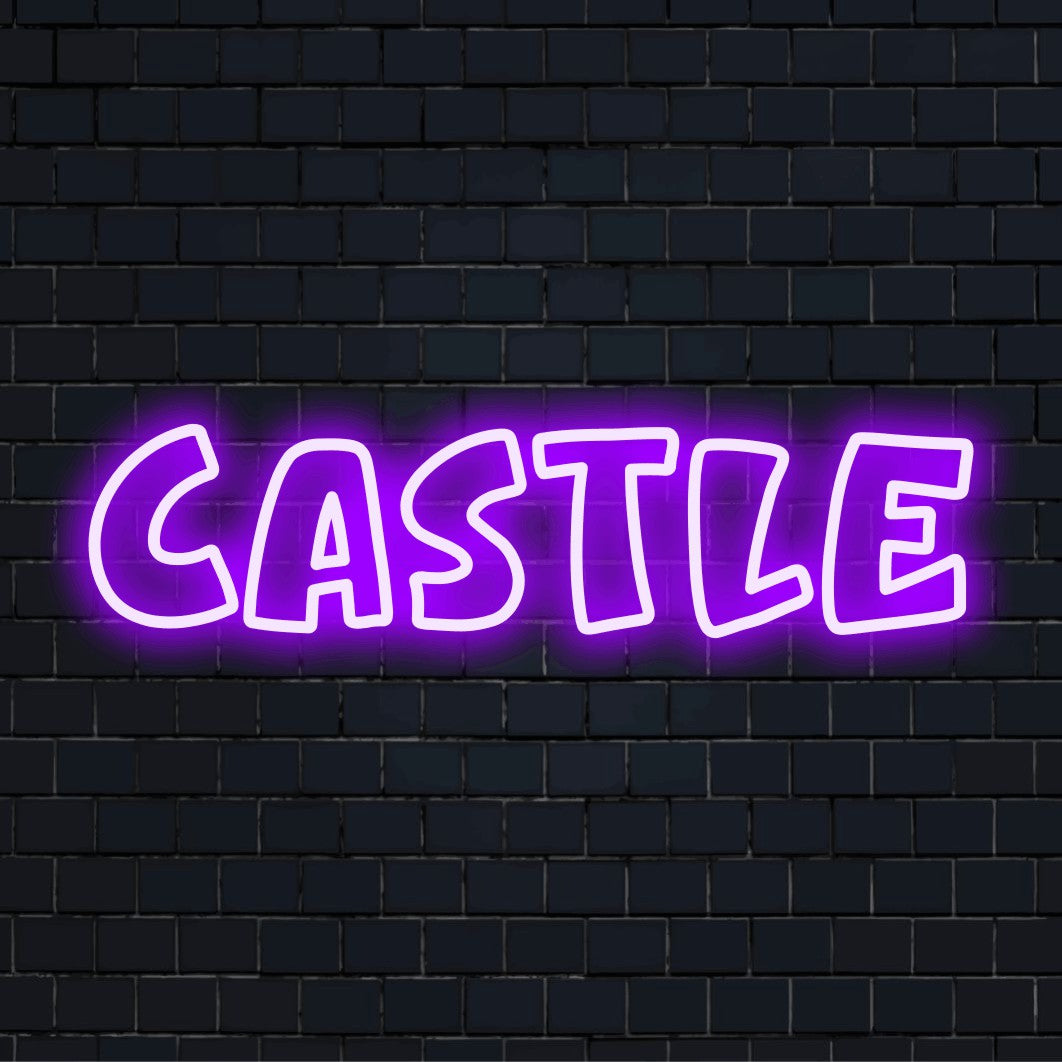 Castle Neon Sign, neon text light on black brick background