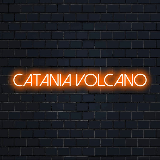 Catania Volcano Neon Sign, neon text light on dark brick background