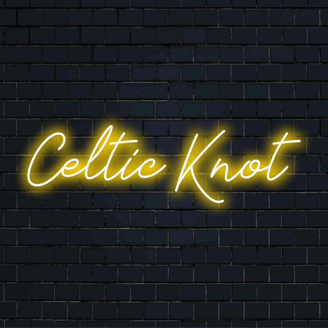 Celtic Knot Neon Sign, bright neon lettering on black brick background