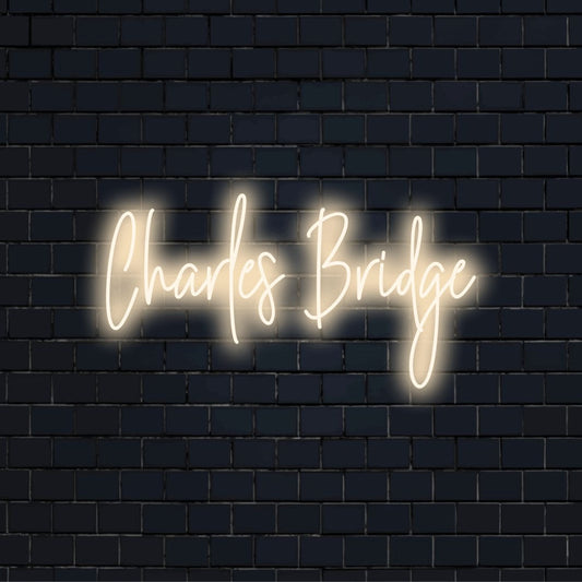 Charles Bridge Neon Sign, bright LED glow on black brick background