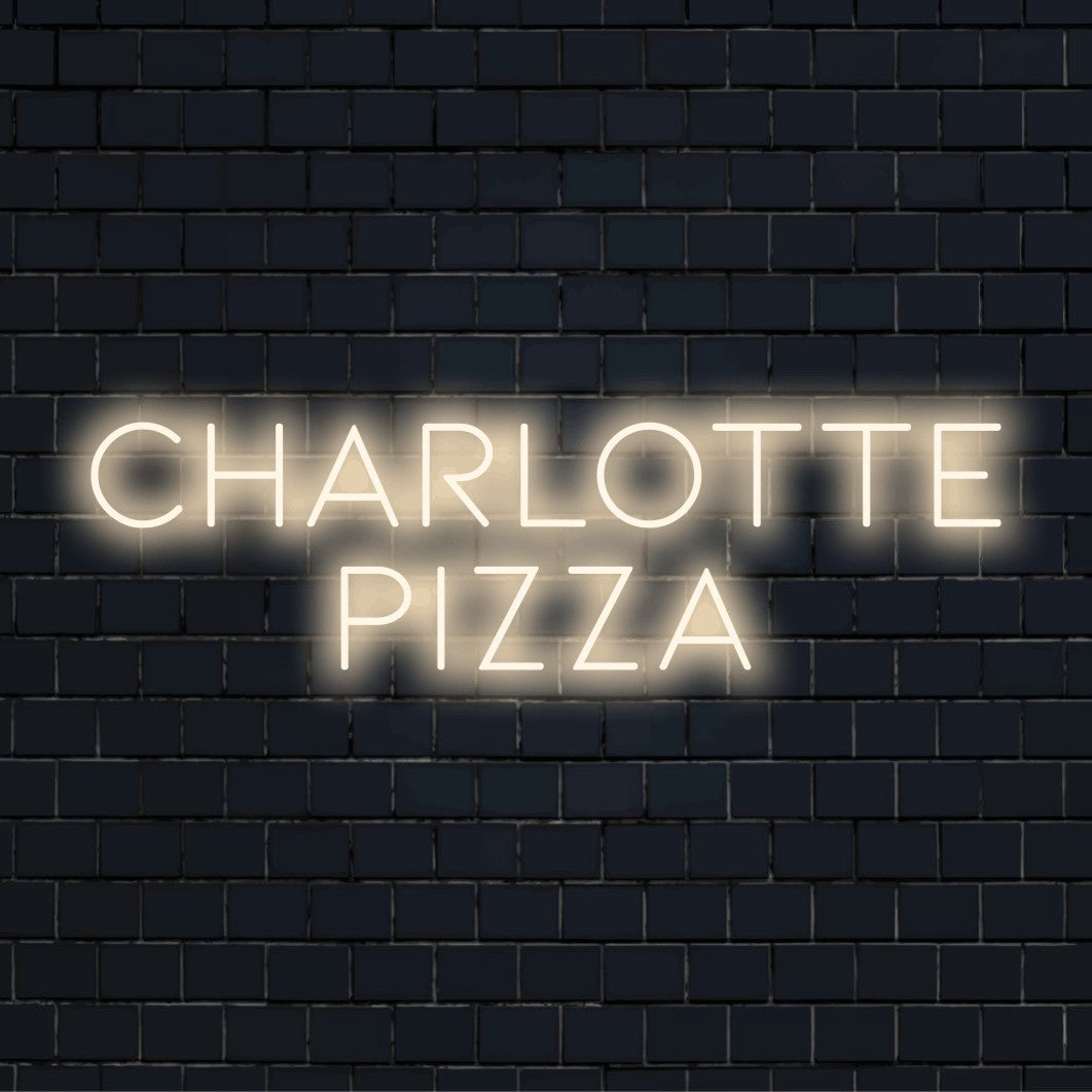 Charlotte Pizza Personalized LED Neon Sign, bright LED glow on dark brick wall