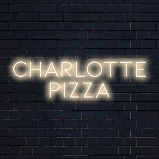 Charlotte Pizza Personalized LED Neon Sign, bright LED glow on dark brick wall