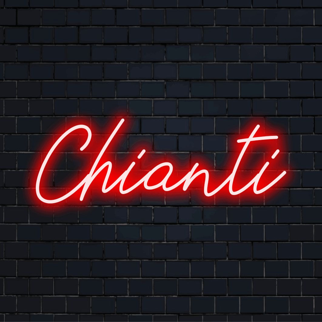 Chianti LED Neon Sign, neon text light on black brick background