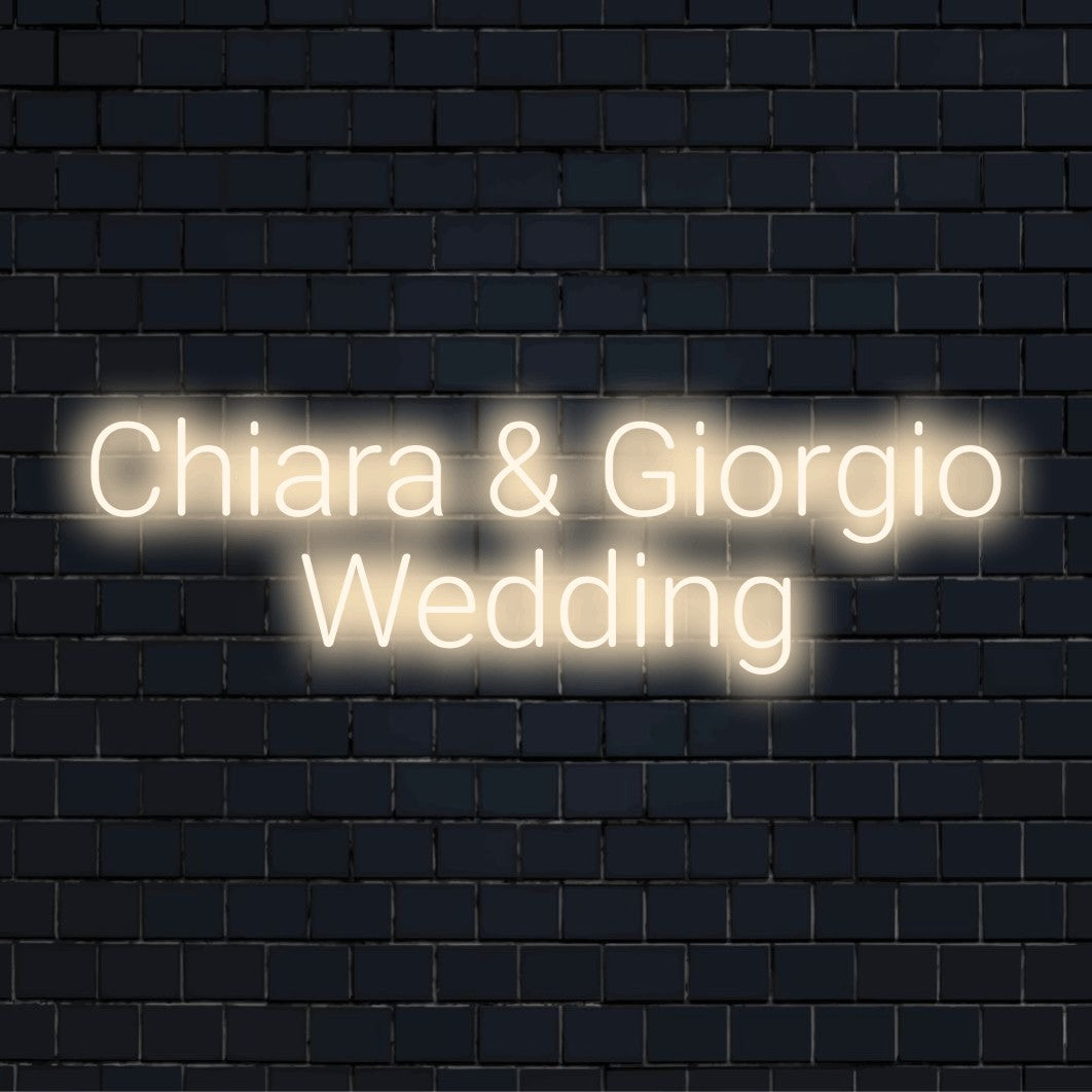 Chiara _ Giorgio Wedding Custom Name Neon Sign, glowing wall decor against brick backdrop