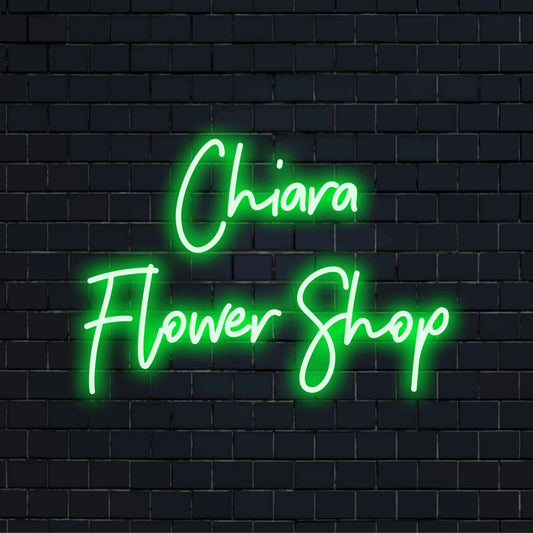 Chiara Flower Shop Personalized Neon Light with bright LED glow on black brick background