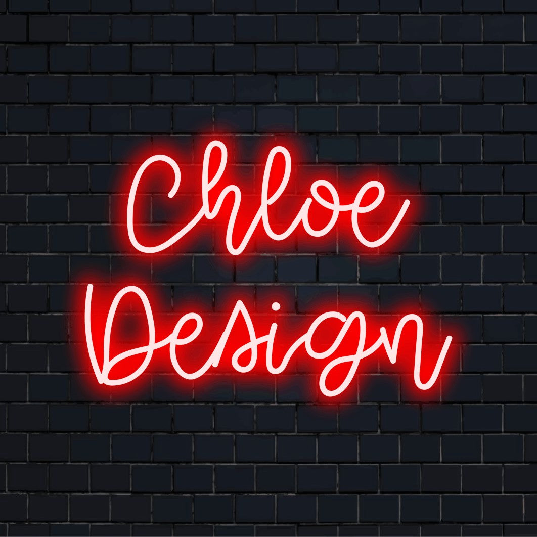 Chloe Design Personalized LED Neon Sign, bright neon glow against black brick wall